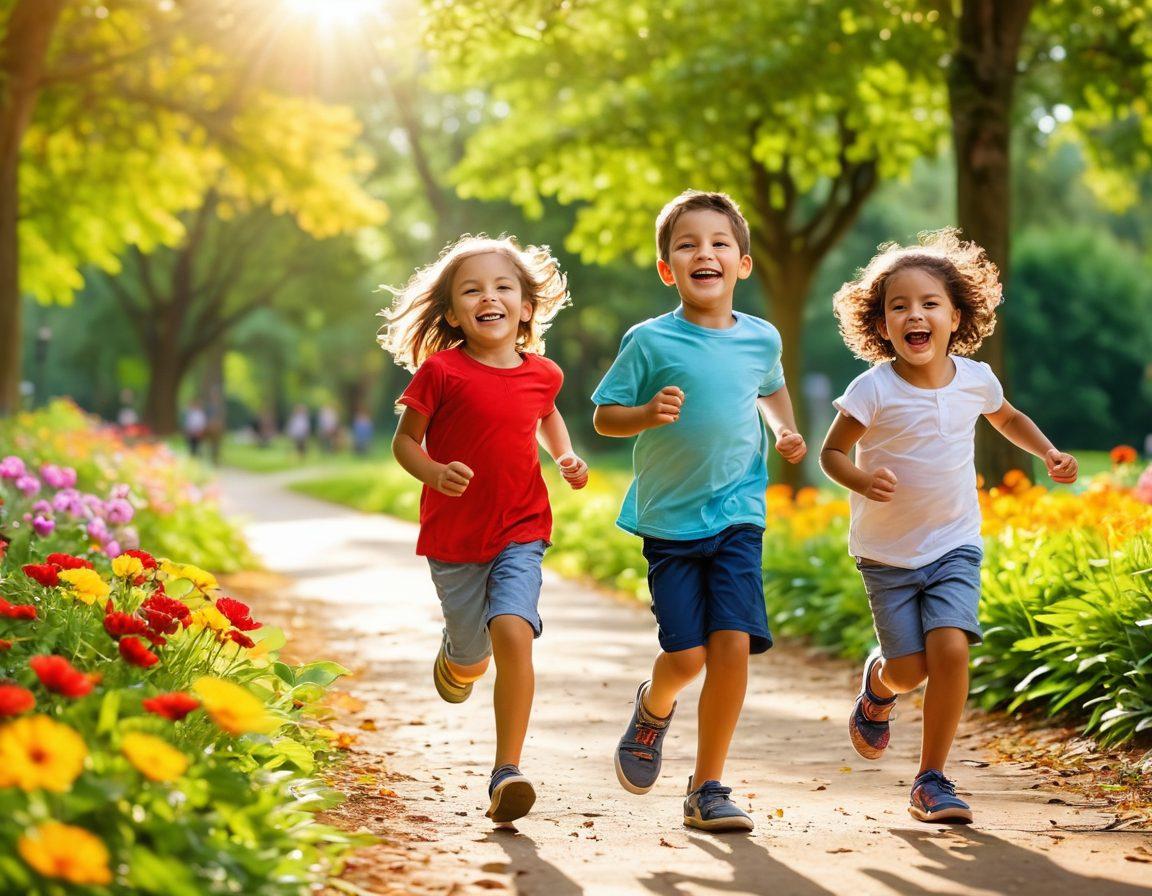 A vibrant scene featuring playful kids engaged in a joyful moment, laughing and running in a sunlit park. The background should include lush green trees and colorful flowers, with a warm sunlight filtering through the leaves. Capture the spontaneity and genuine happiness of the children, with a focus on their expressive faces and dynamic poses. The overall atmosphere should radiate joy and innocence, showcasing the beauty of candid photography. super-realistic. vibrant colors. natural lighting.