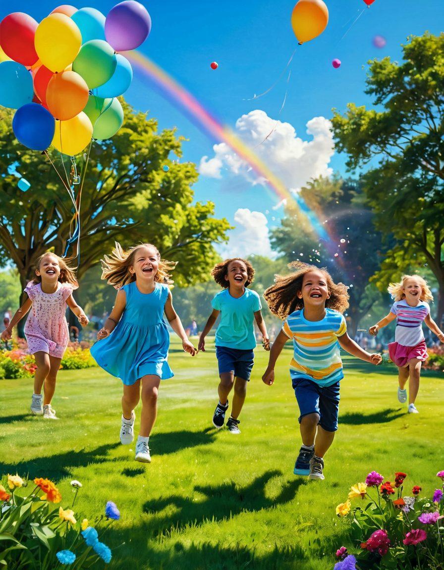 A vibrant scene of children joyfully playing in a sunlit park, capturing their laughter and energy as they chase bubbles and fly kites. Include an array of colorful balloons in the sky, a rainbow in the background, and blooming flowers to enhance the atmosphere of happiness and youthful adventure. super-realistic. vibrant colors. bright blue sky.