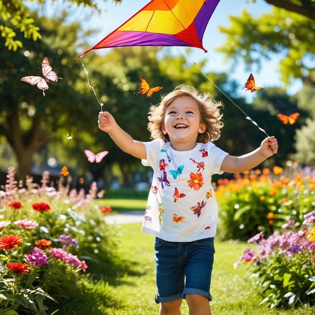 A joyful child captured mid-laugh while playing in a sunlit park, surrounded by bright flowers and butterflies, with a colorful kite soaring in the background. The scene embodies spontaneity and happiness, showcasing various playful poses and expressions. The composition should inspire a sense of movement and vitality, inviting parents to embrace the moment. super-realistic. vibrant colors. natural lighting.